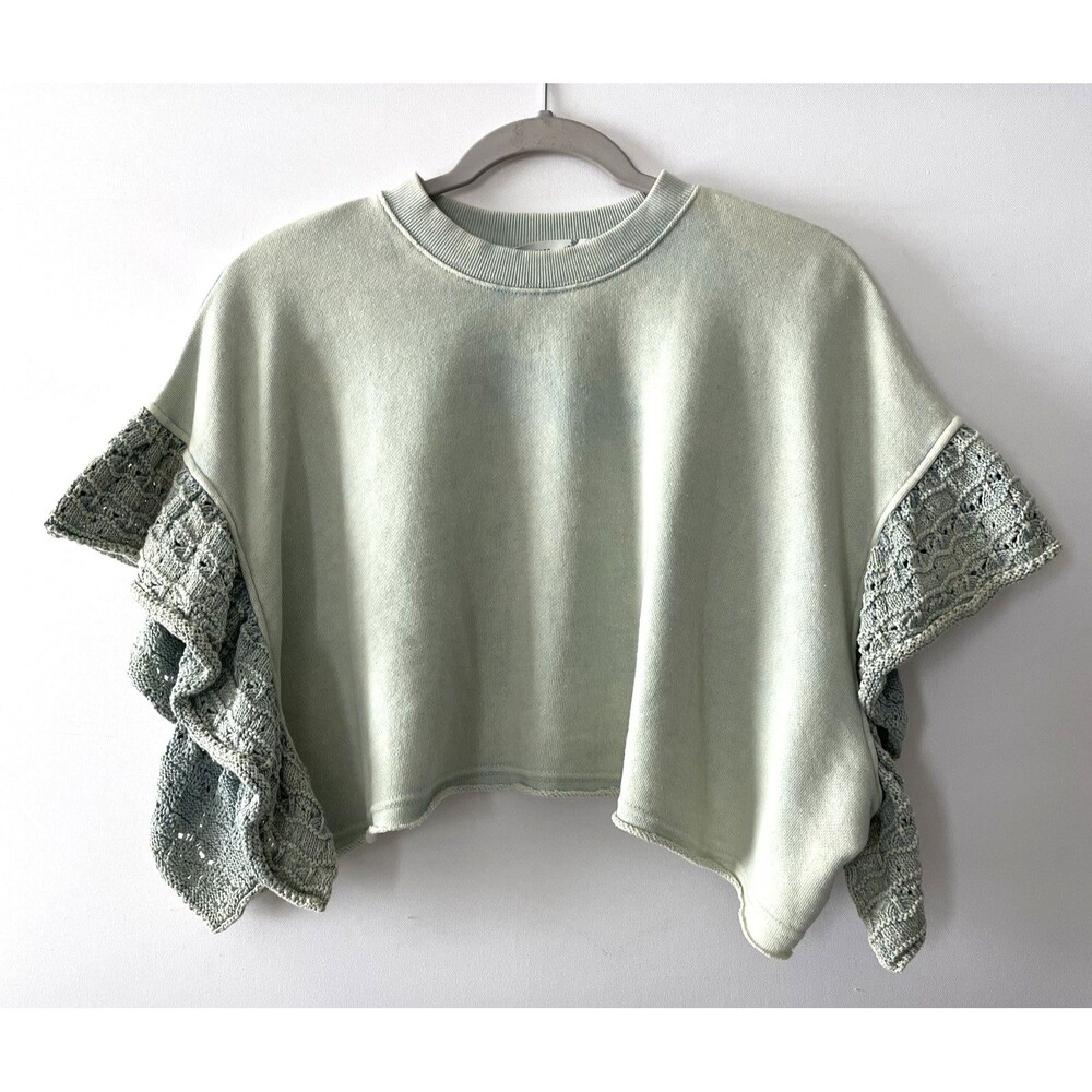 NWT Altar'd State Cropped Sweatshirt Lace Flutter Sleeve Green Top Size S-(dp)